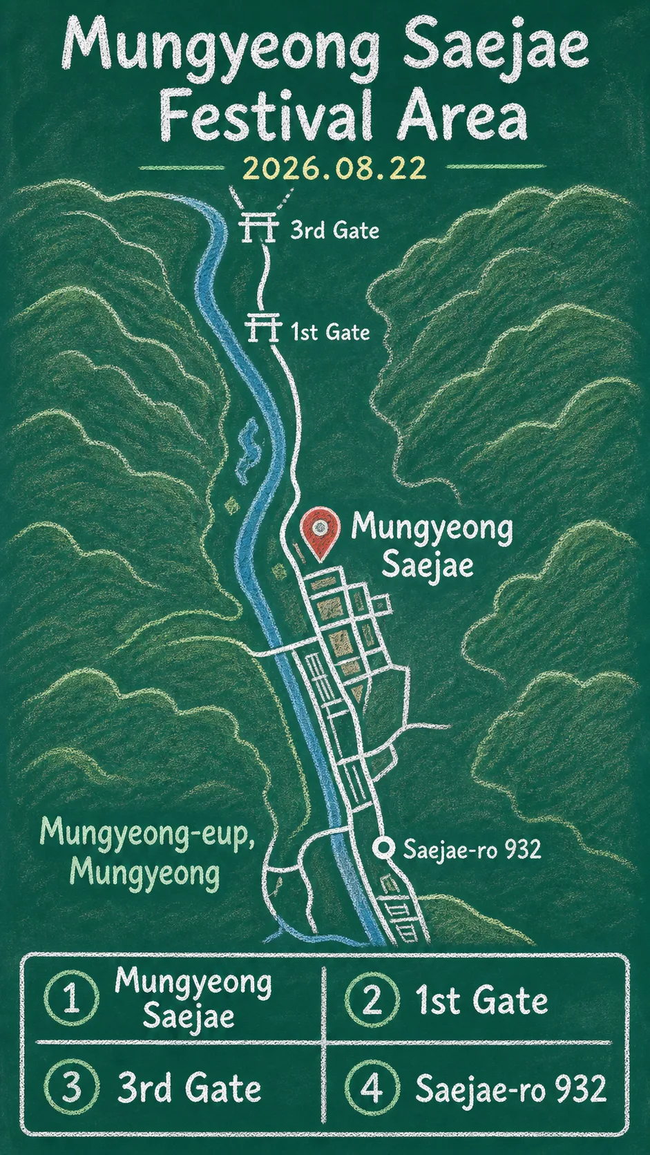 Mungyeong Saejae Barefoot Festival 2026: Where to Stay and How to Plan Your Visit English chalkboard map redrawn from the source map