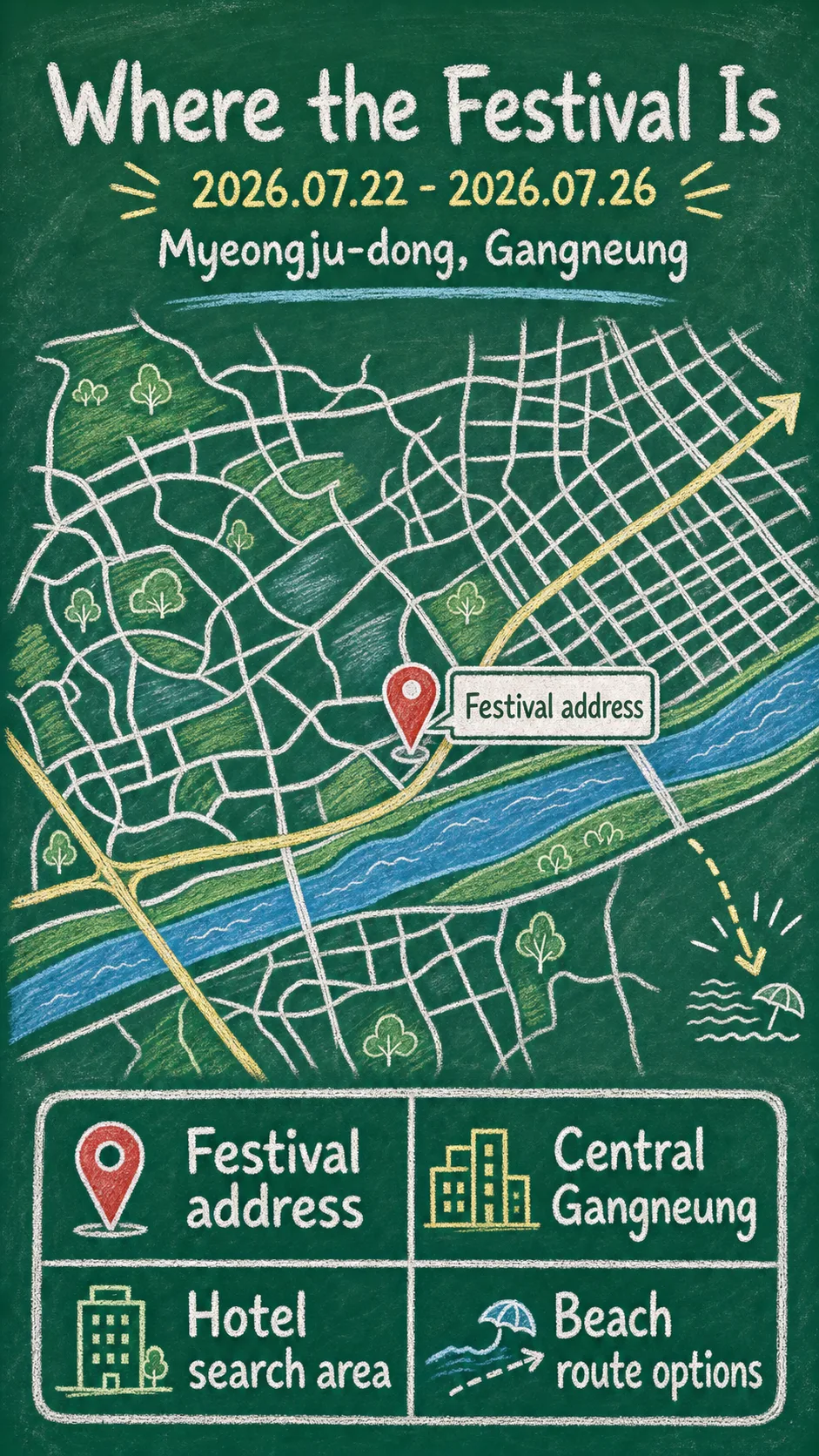 Myeongju Puppet Festival 2026: Where to Stay in Gangneung for an Easy Family Trip English chalkboard map redrawn from the source map