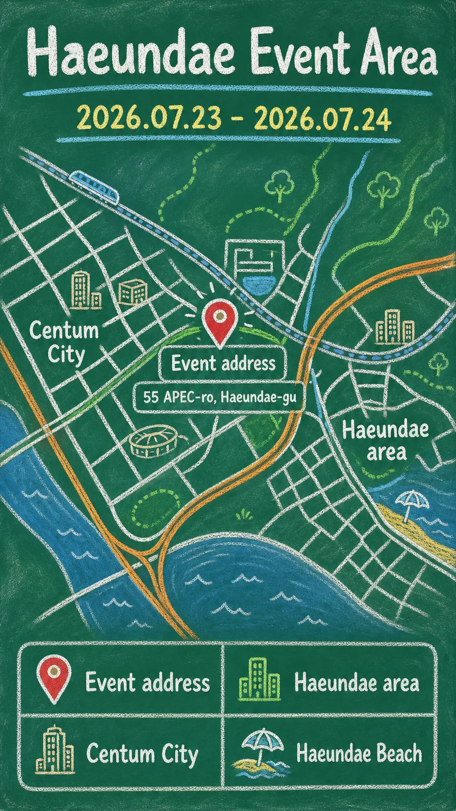 Sanhwabi: HEXAGRAM 22 in Busan 2026: Dates, Location, and Where to Stay English chalkboard map redrawn from the source map