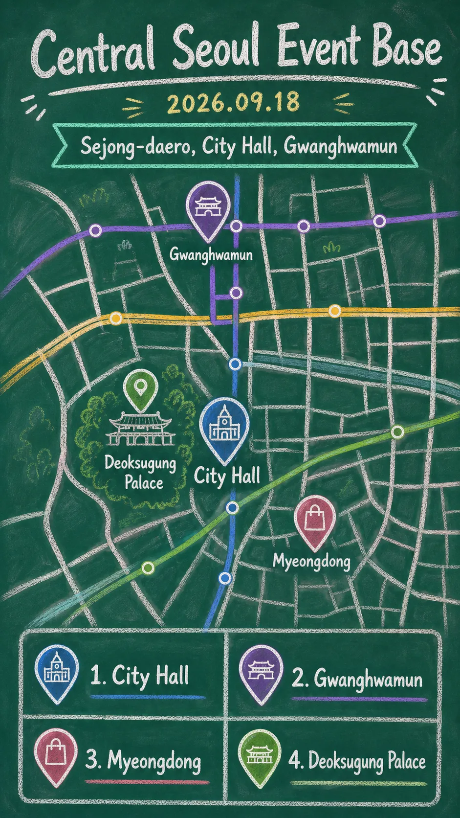 Seoul Autumn Festa 2026: Where to Stay and How to Plan Your Seoul Arts Trip English chalkboard map redrawn from the source map