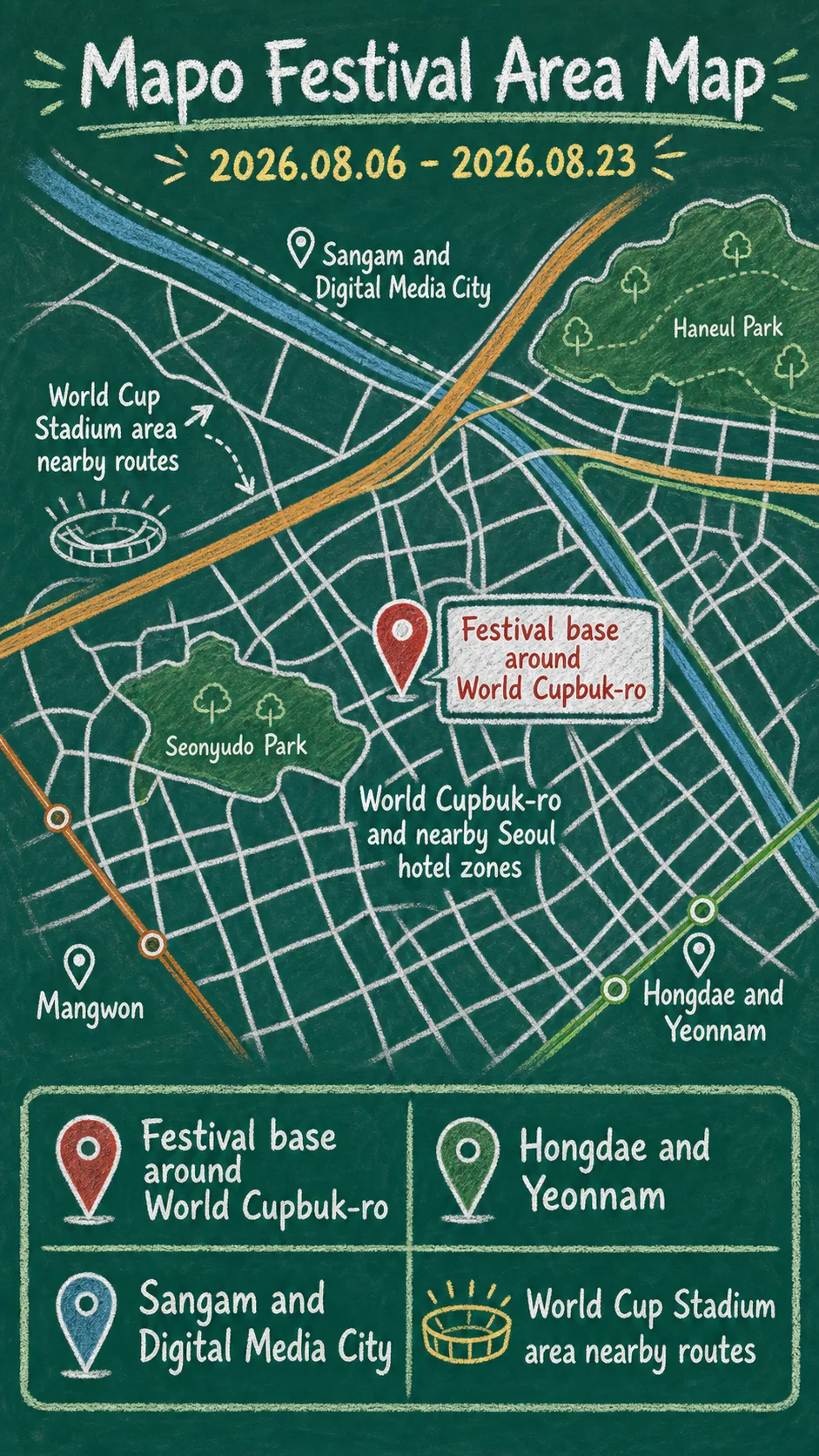 Seoul Fringe Festival 2026 Hotel Guide: Dates, Mapo Location, Travel Tips English chalkboard map redrawn from the source map
