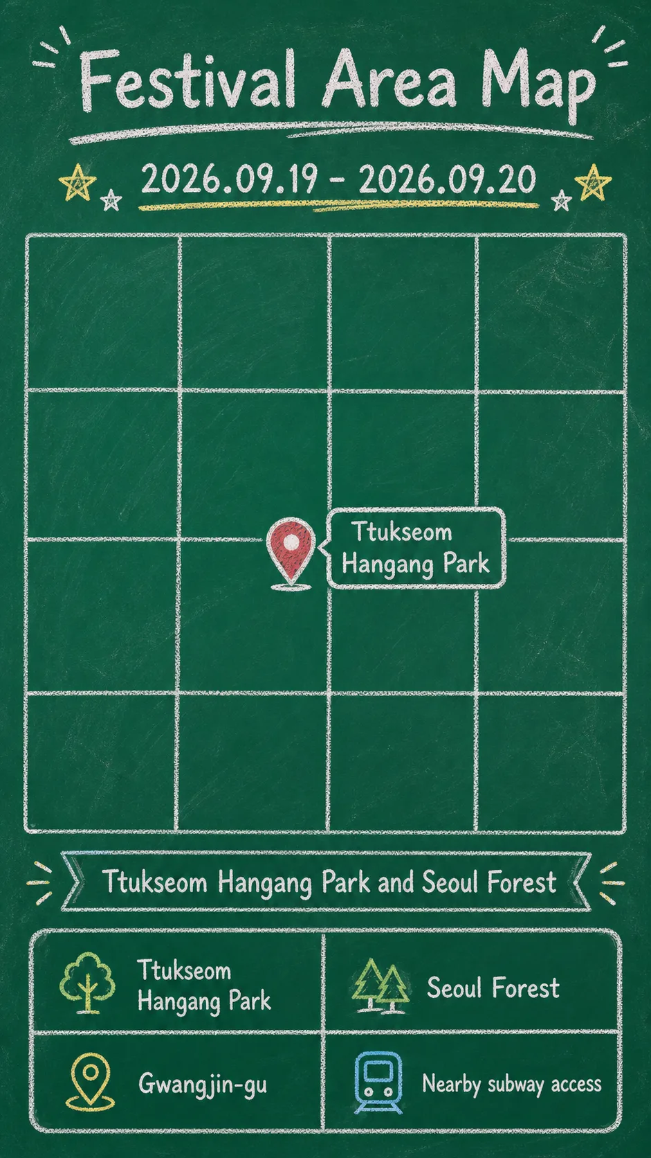 Seoul Street Arts Festival 2026: Dates, Venues, Travel Tips, and Where to Stay English chalkboard map redrawn from the source map
