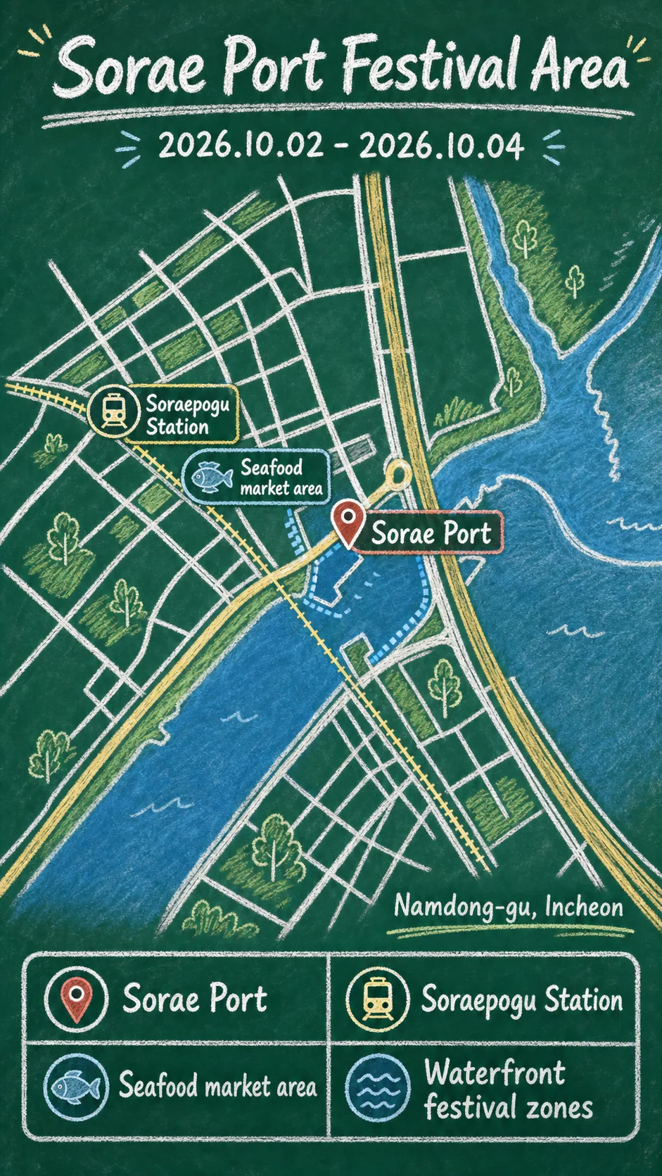 Sorae Port Festival 2026: Dates, Location, What to Bring, and Where to Stay in Incheon English chalkboard map redrawn from the source map