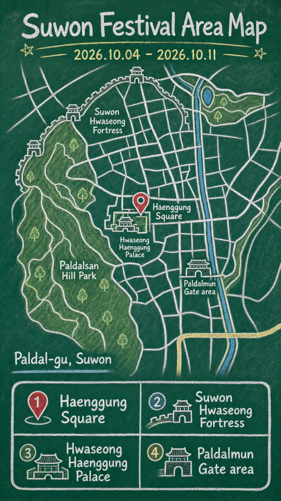 Suwon Hwaseong Cultural Festival 2026: Dates, Location, Travel Tips, and Where to Stay English chalkboard map redrawn from the source map