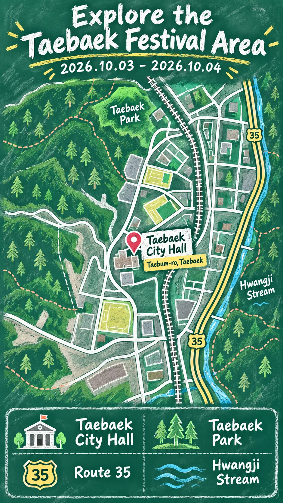 Taebaekje Festival 2026: Travel Tips and Where to Stay English chalkboard map redrawn from the source map