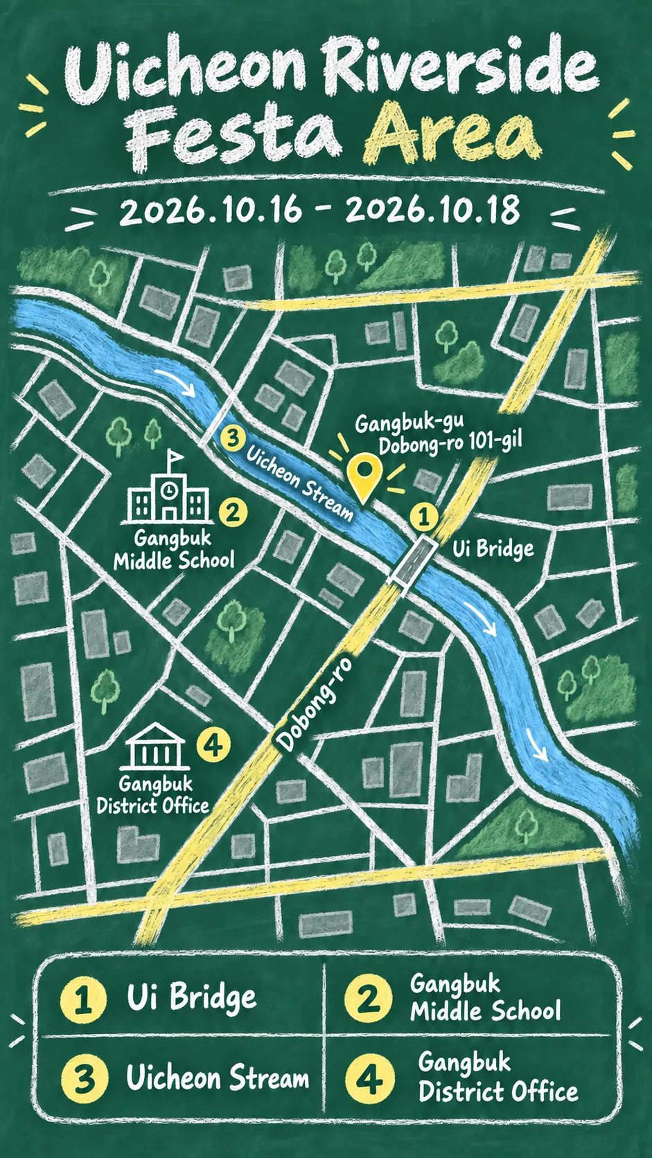 Uicheon Riverside Festa 2026: Dates, Location and Where to Stay English chalkboard map redrawn from the source map