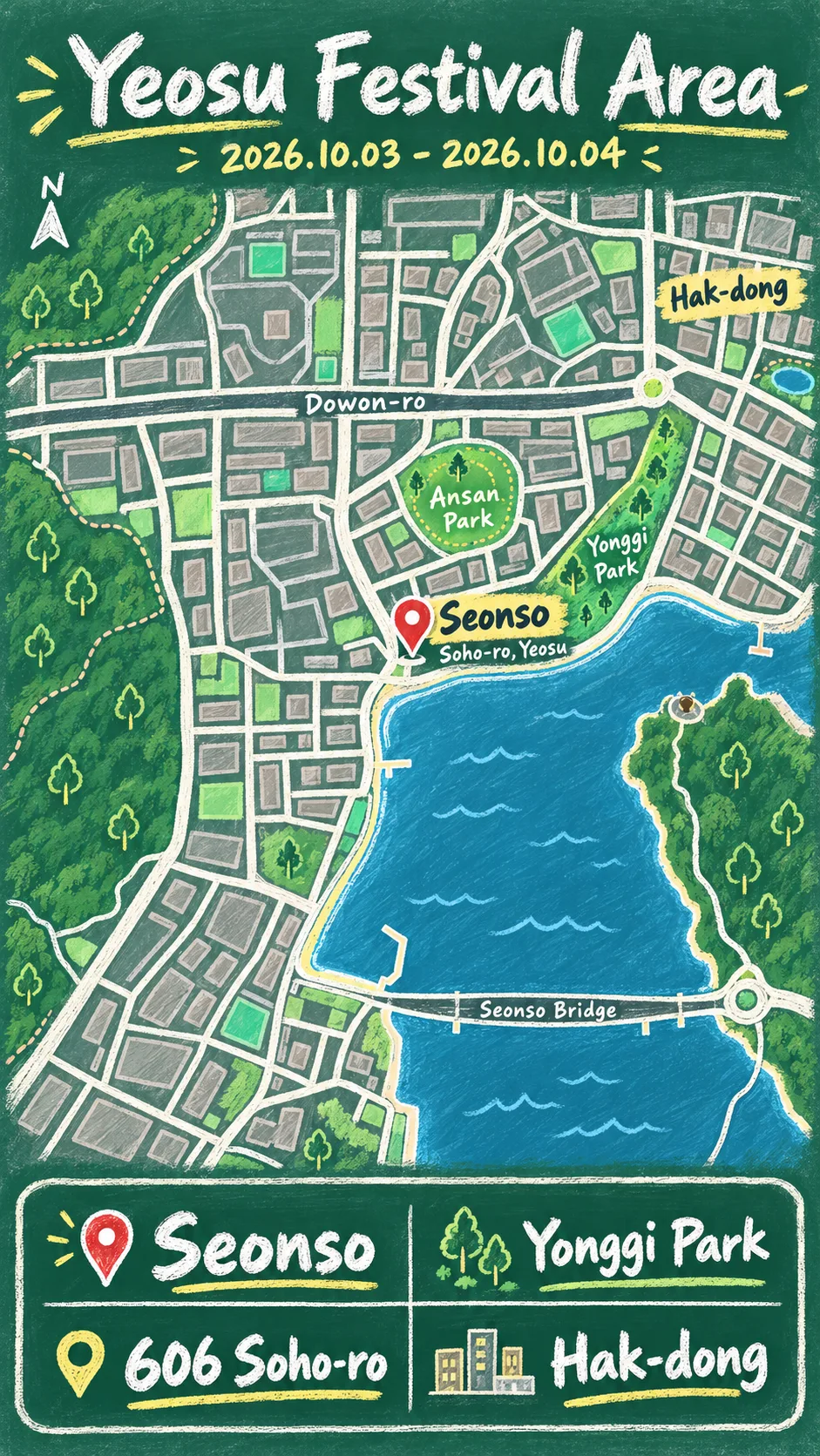 Yeosu Dongdong Drum Festival 2026: Dates, Travel Tips & Hotels English chalkboard map redrawn from the source map