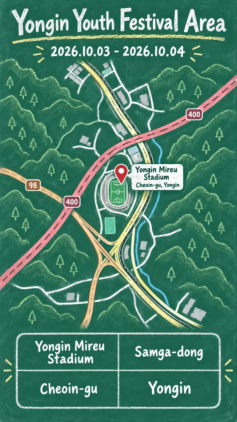 Yongin Youth Festival 2026: Dates, Venue, Transport and Hotels English chalkboard map redrawn from the source map